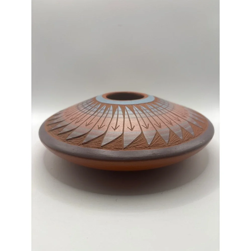 T Phillips Navajo Seed Pot Native American Etched Red Clay Pottery Signed